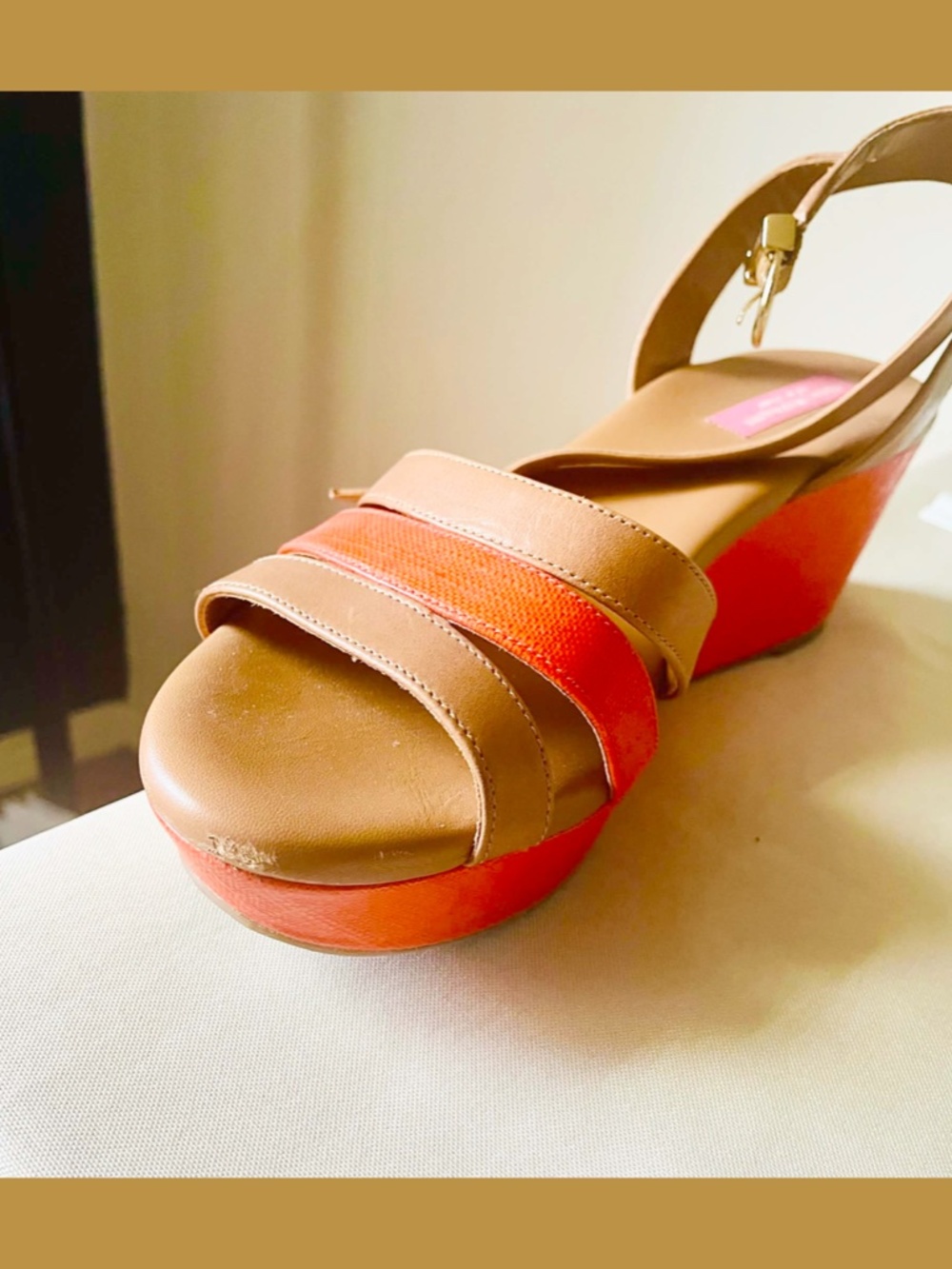 Isaac Mizrahi Colorblock Wedge Sandals 9 Brown Orange Ankle Strap Platform - Picture 6 of 6